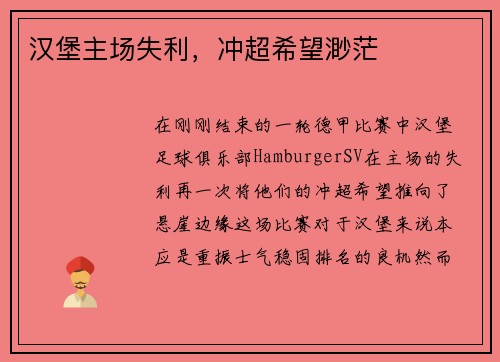 汉堡主场失利，冲超希望渺茫